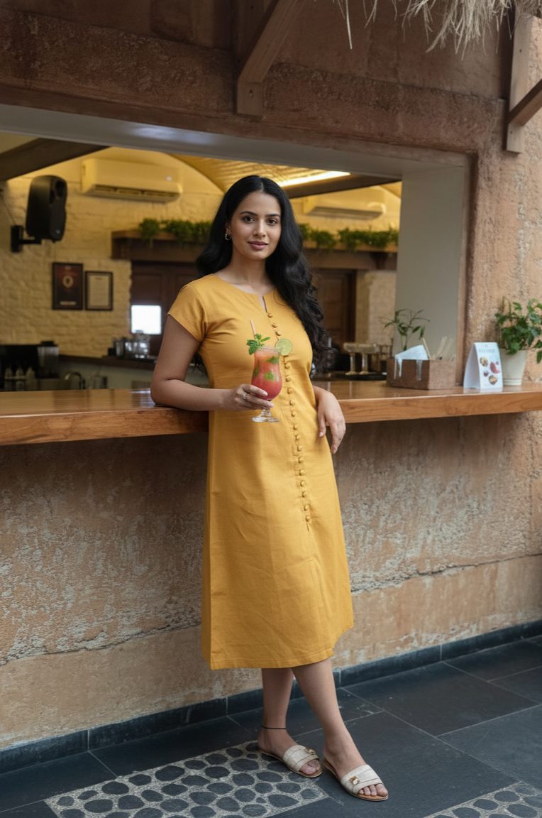 Golden Linen Button Dress