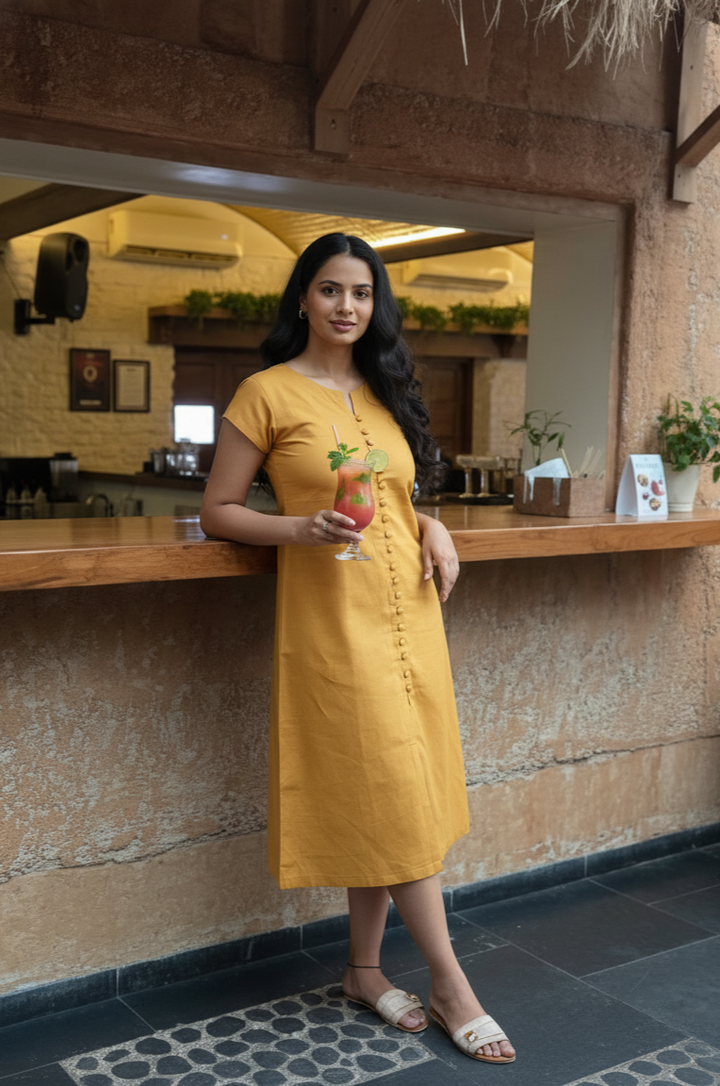 Golden Linen Button Dress