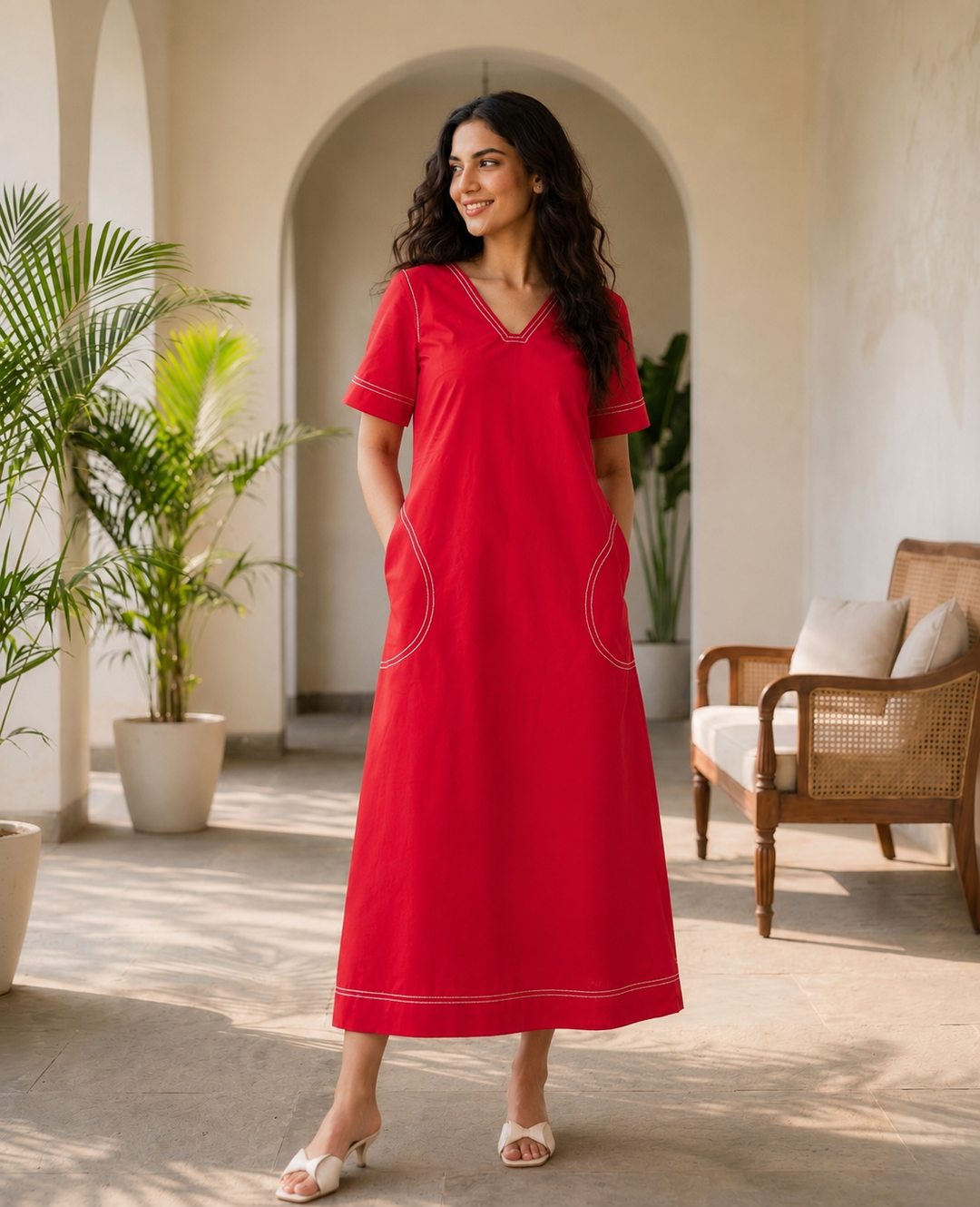 Solid Red Organic Cotton Poplin V-Neck Maxi Dress