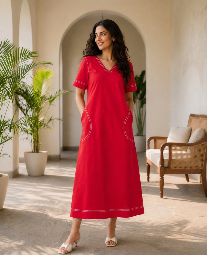 Solid Red Organic Cotton Poplin V-Neck Maxi Dress
