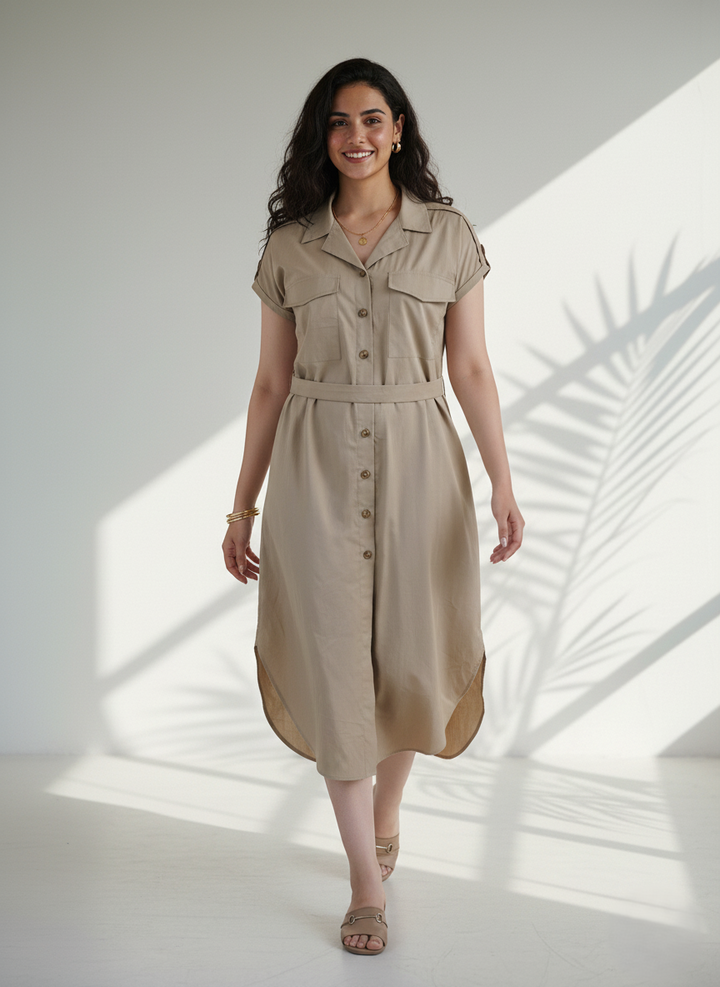 Khaki Organic Cotton Poplin Shirt Midi Dress