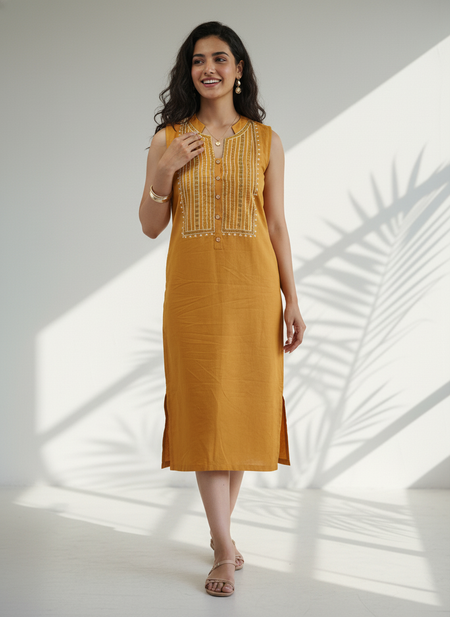Mustard Cotton Linen Embroidered Straight Dress