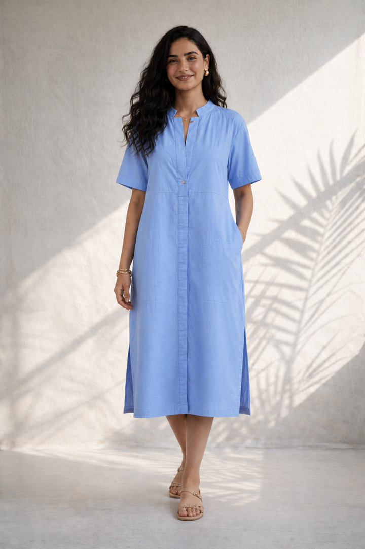 Soft Blue Cotton Shift Dress (Casual/ Workwear)