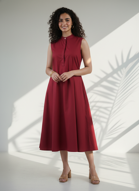 Deep Red Organic Cotton Poplin Flare Dress
