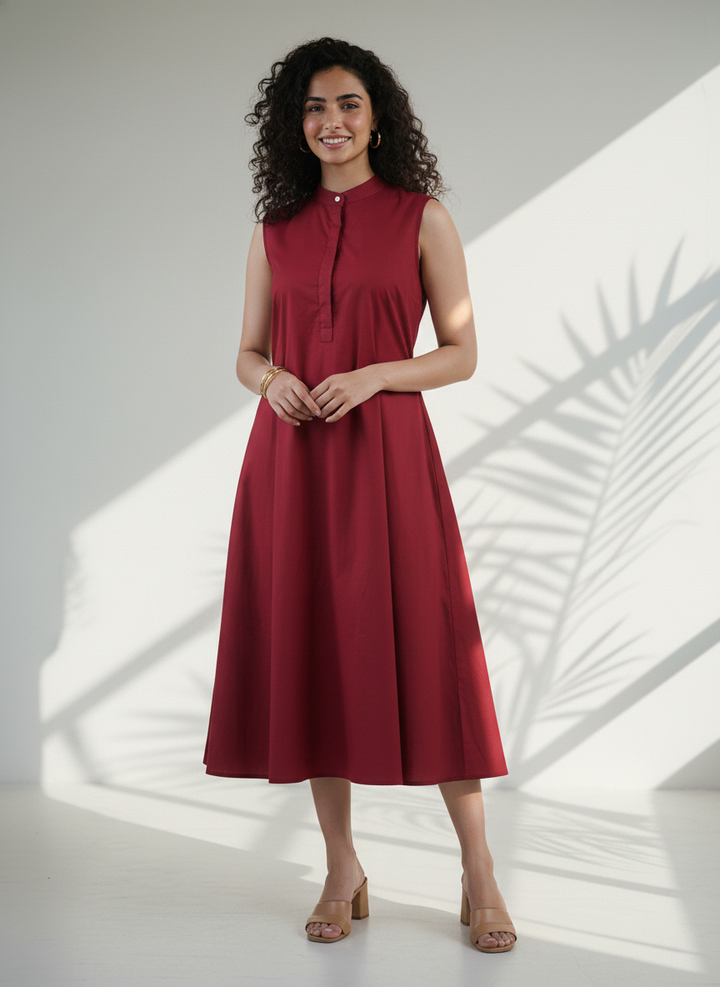 Deep Red Organic Cotton Poplin Flare Dress