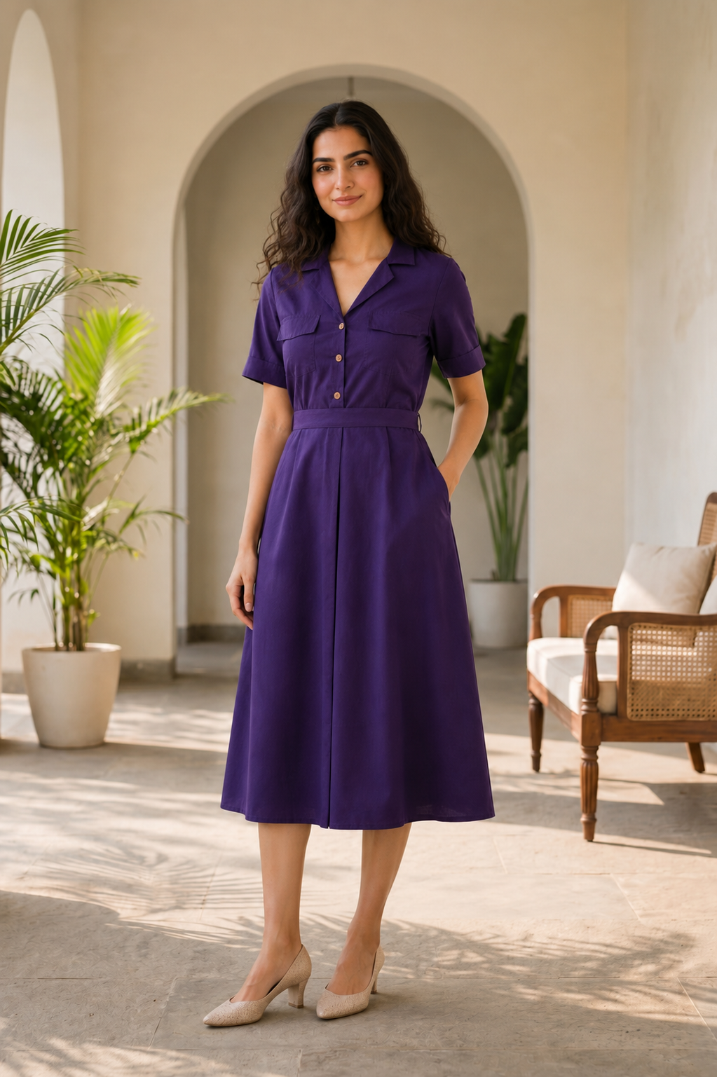 Berry Purple Cotton Poplin Midi Dress (Casual)