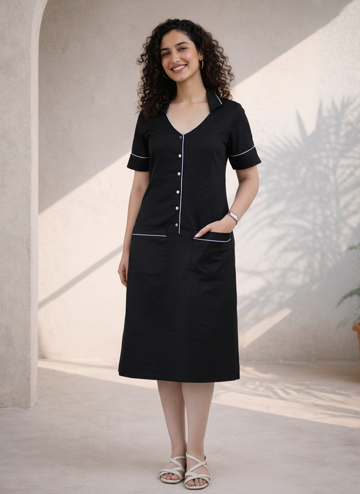 Black Organic Cotton Poplin Straight Midi Dress (Everyday Workware)