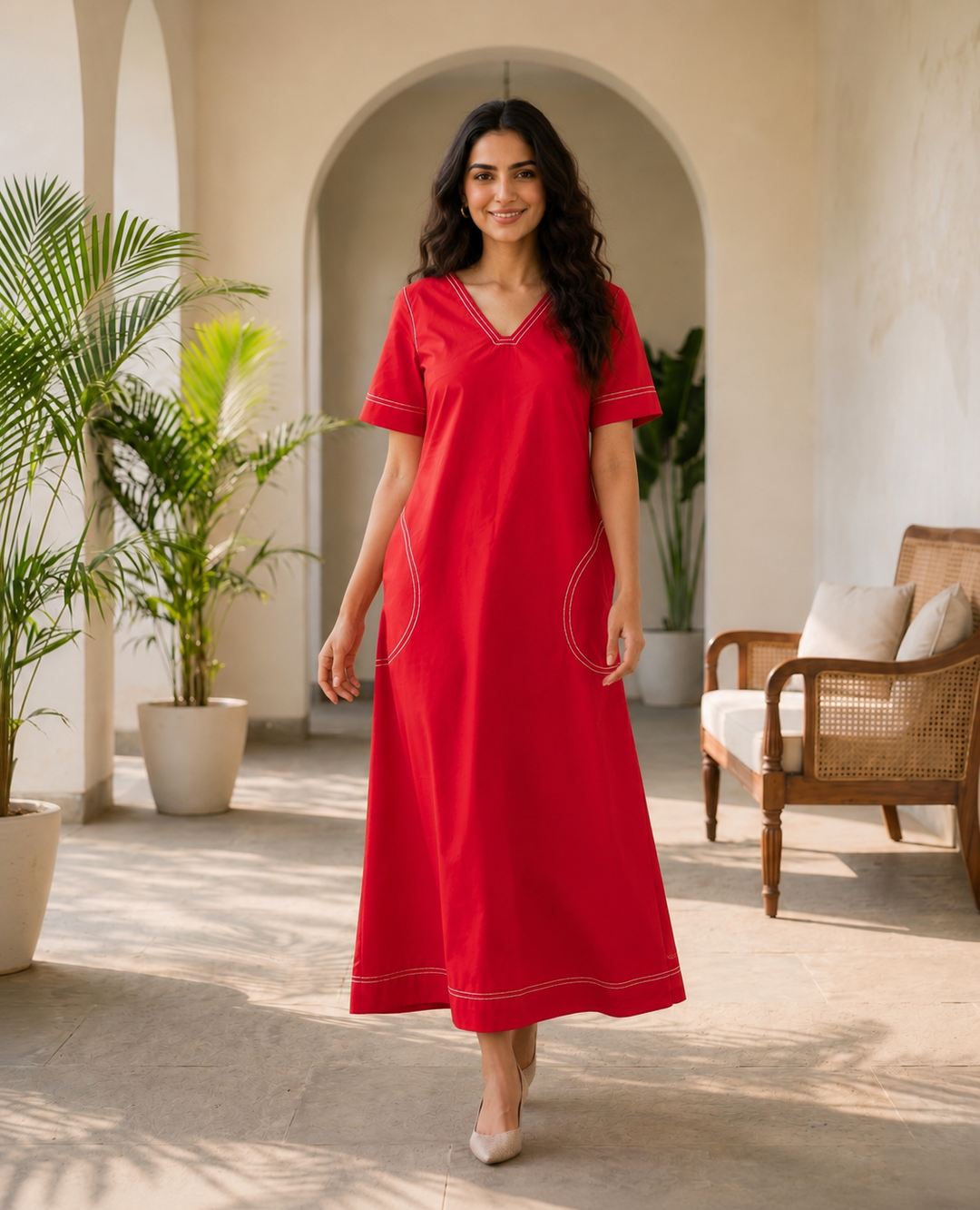 Solid Red Organic Cotton Poplin V-Neck Maxi Dress