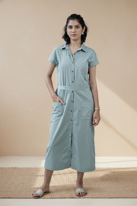Sage Green Organic Cotton Shirt Midi Dress
