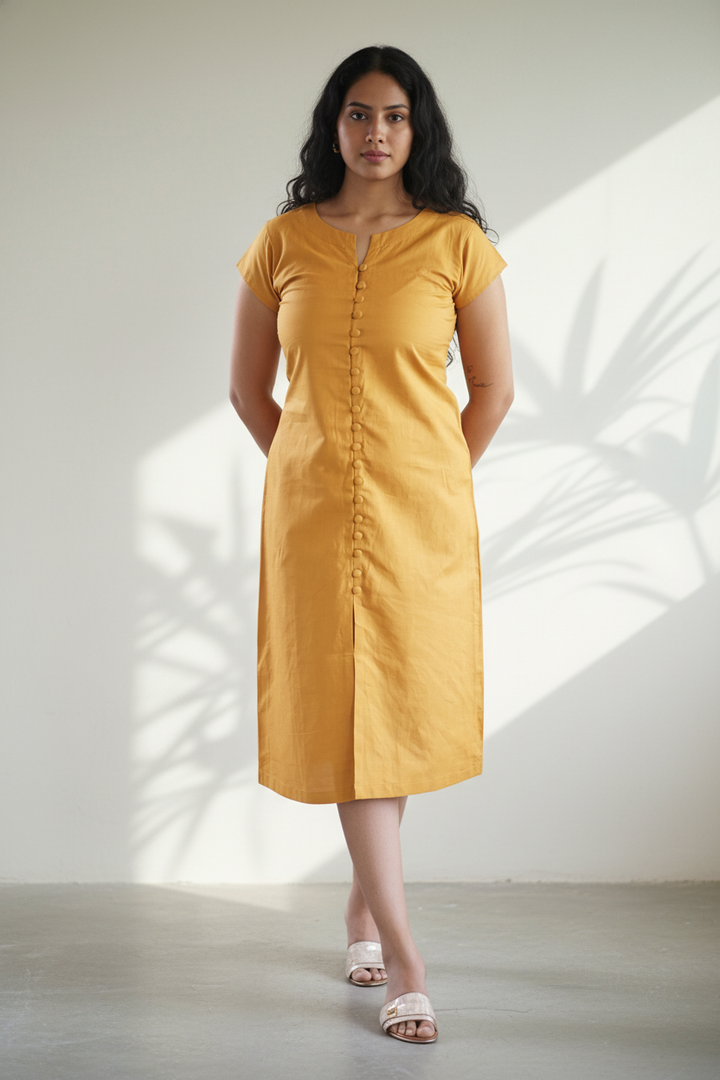 Golden Linen Button Dress
