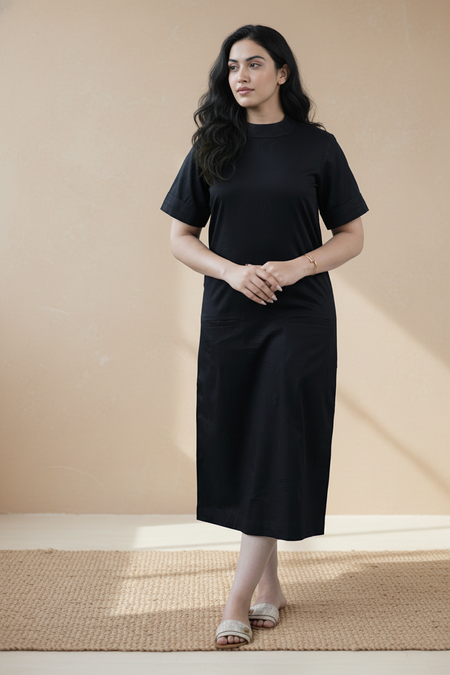 Black Organic Cotton Poplin Straight Midi Dress (Workwear)