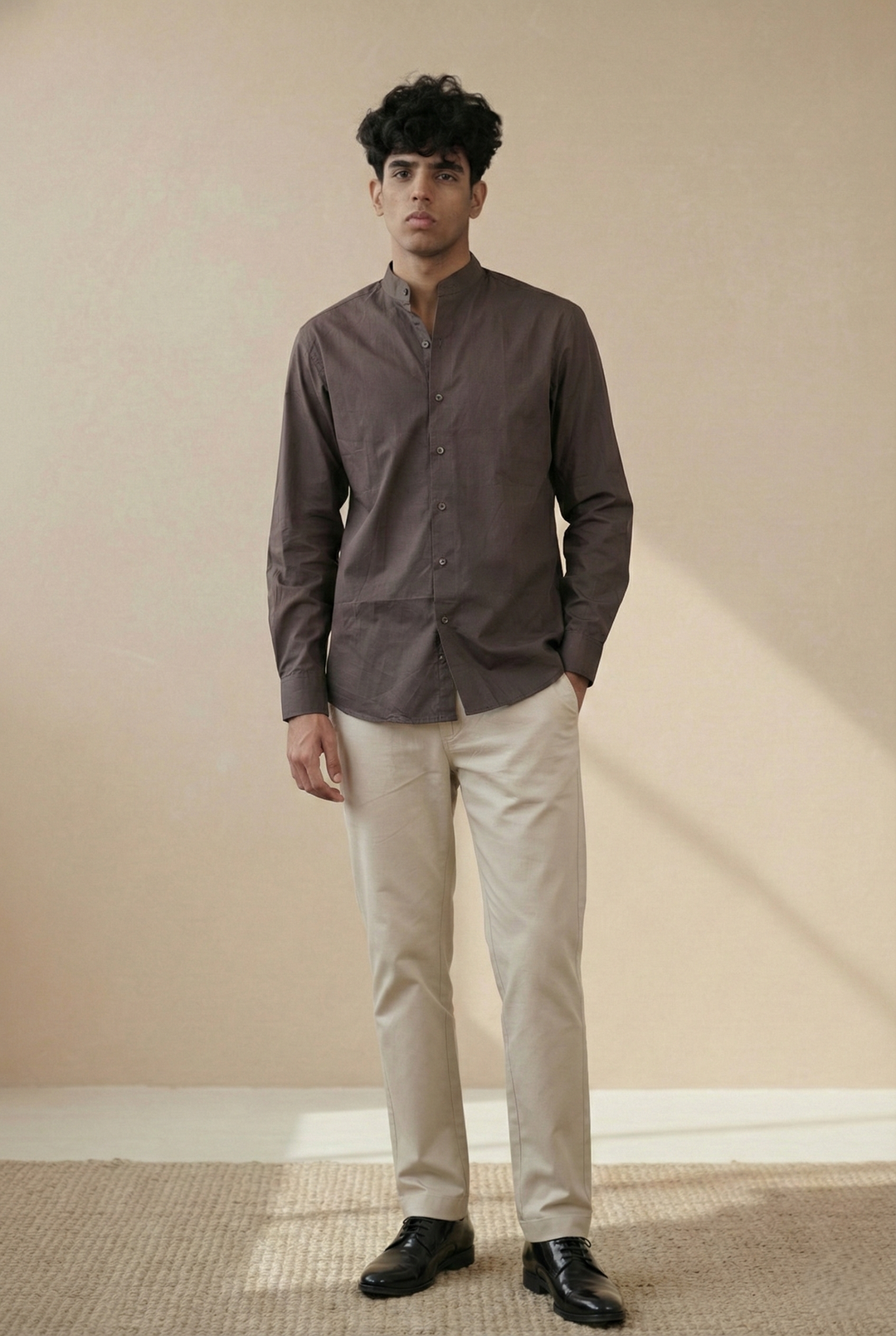 Dark Brown Solid Organic Cotton Mandarin Collar Shirt (Smart Casual)