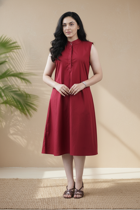 Deep Red Organic Cotton Poplin Flare Dress