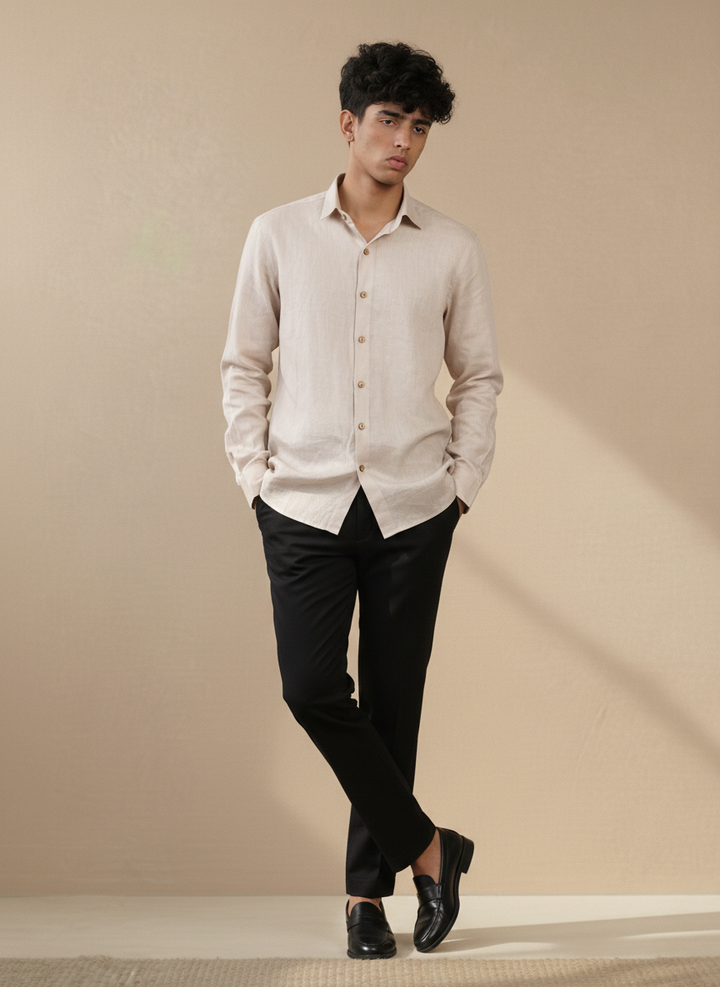 Sandstone Beige Pure Linen Regular Fit Shirt (Casual Office Wear)