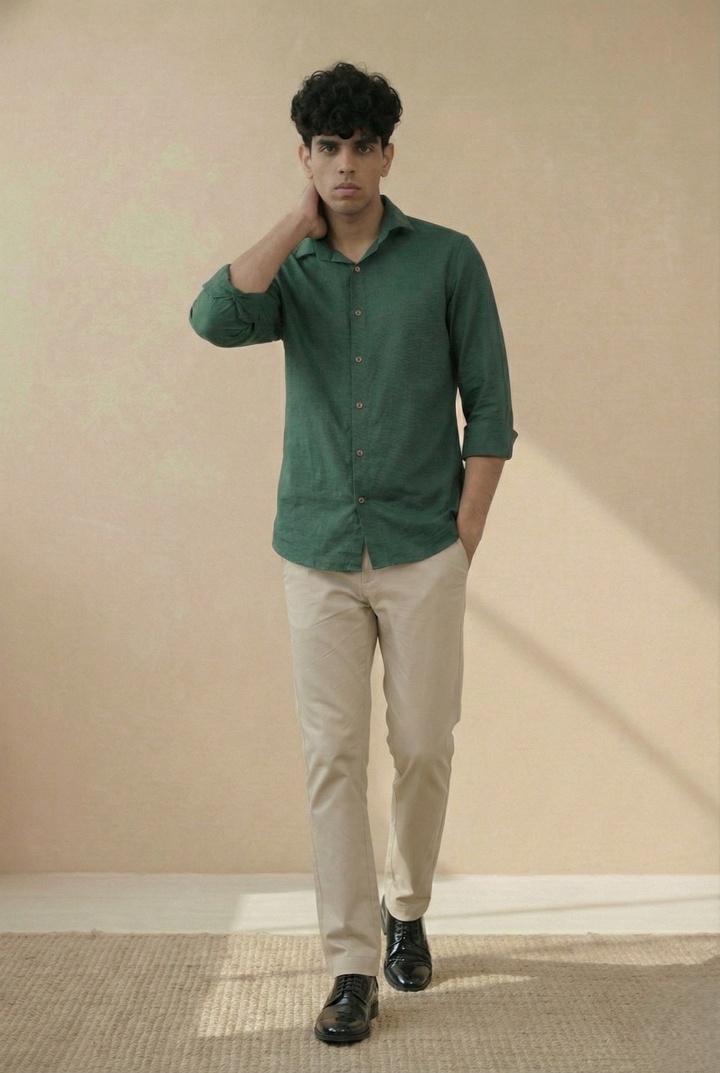 Earthy Green Pure Linen Regular Fit Shirt (Smart Casual)