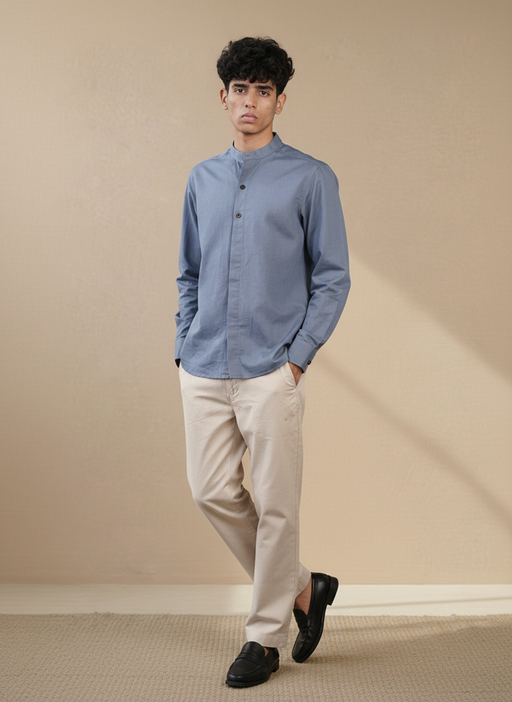 Ash Blue Natural Linen Mandarin Collar Shirt (Everyday Wear)
