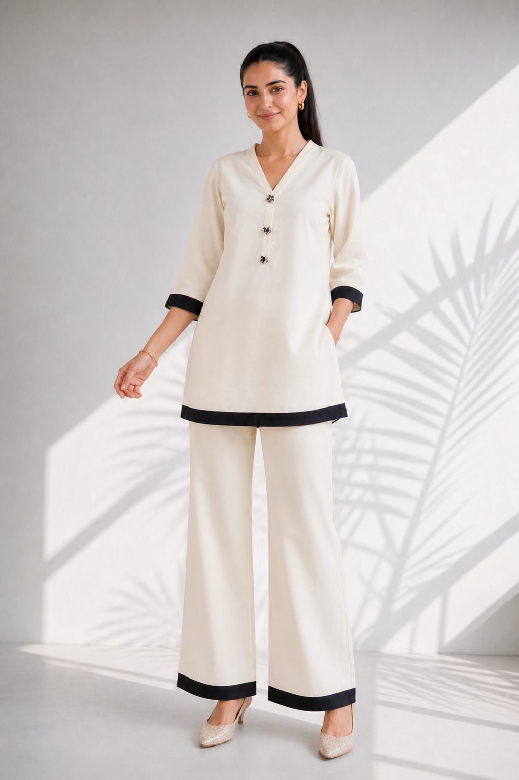 Beige & White Organic Cotton Casual Co-ord Set (Everyday Wear)