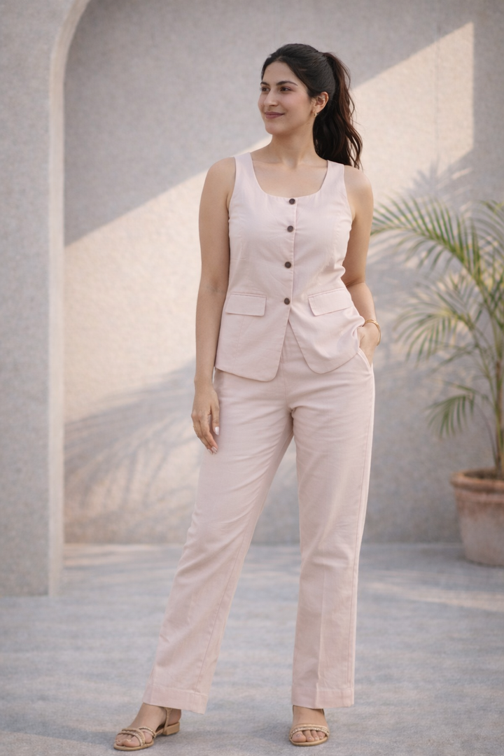 Soft Pink Solid Cotton Poplin Co-ord Set (Casual/ Workwear)