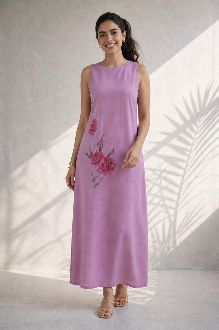 Blush Pink Hand-Painted Linen Midi Dress (Summer)