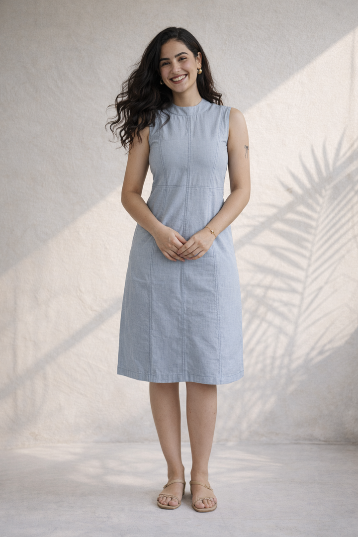 Denim Blue Organic Cotton Twill Midi Dress (Everyday Casual)