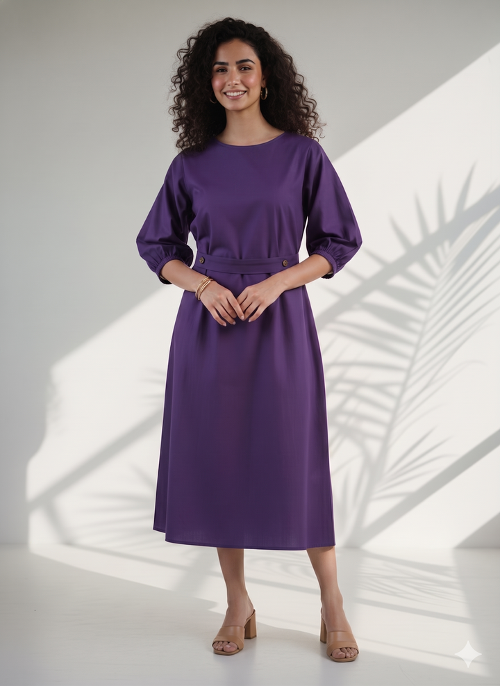 Deep Purple Cotton Poplin Midi Dress (Casual Summerwear)