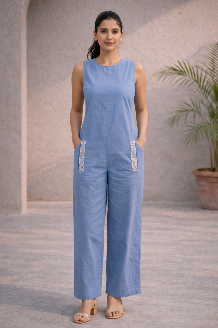 Smoky Blue Organic Cotton Hand-Embroidered Jumpsuit (Smart Casual)