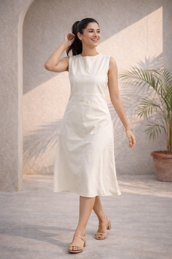 Pearl White Organic Cotton Midi Dress (Casual)