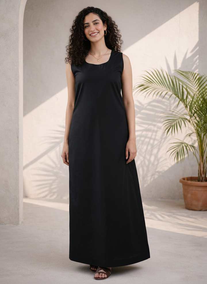 Black Cotton Slip Midi Dress (Eveningwear)