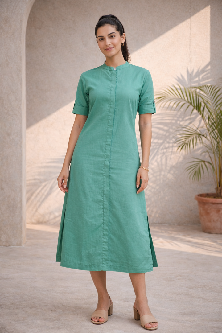 Sea Green Cotton Midi Dress  (Casual/ Workwear)