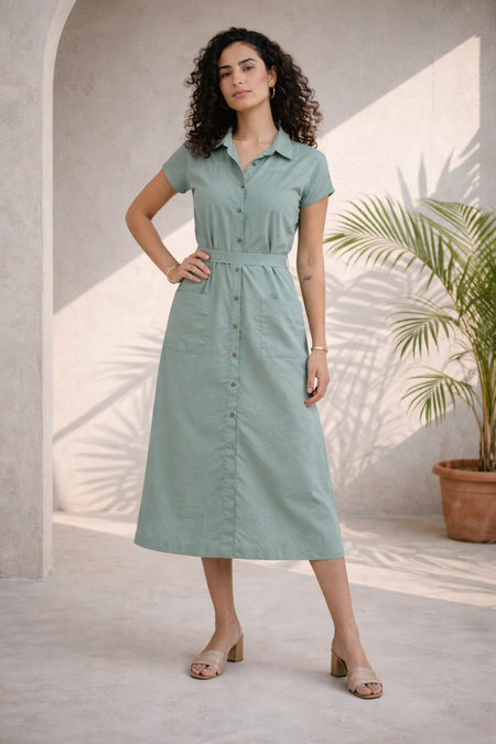 Sage Green Organic Cotton Shirt Midi Dress