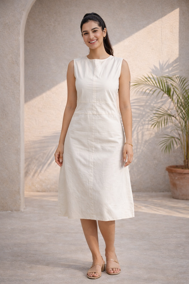 Pearl White Organic Cotton Midi Dress (Casual)