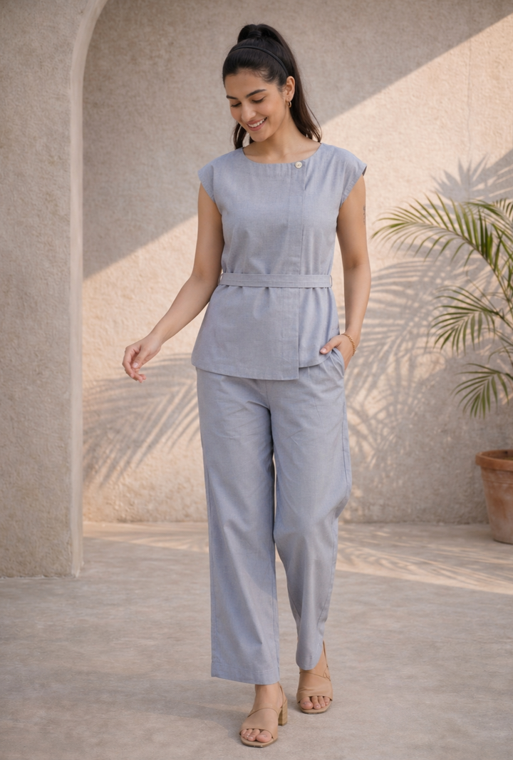 Denim Grey-Blue Organic Cotton Twill Belted Co-ord Set (Casual/ Workwear)