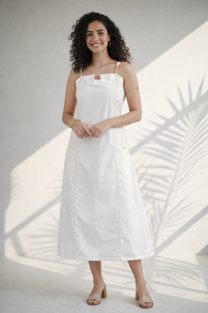 Vanilla Cream Cotton Poplin Midi Dress (Casual Summerwear)