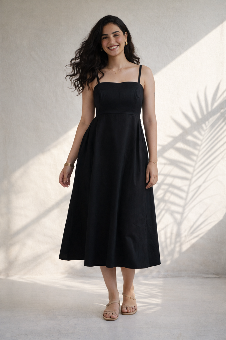 Black Heart Cotton Poplin Midi Dress (Everyday Casual)