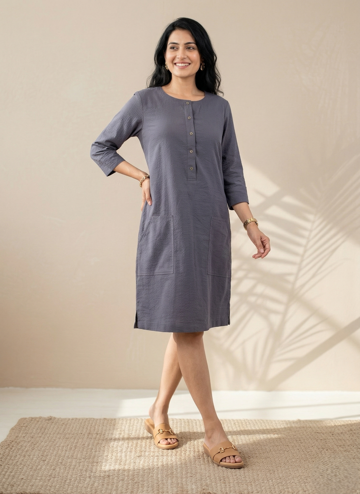 Slate Grey Seersucker Shift Midi Dress (Easy Everyday)