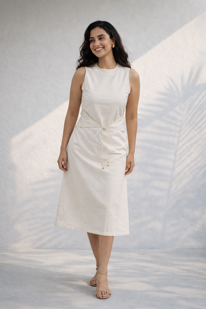 Off White Solid Cotton Midi Dress With Cinched Waist (Everyday Casual)