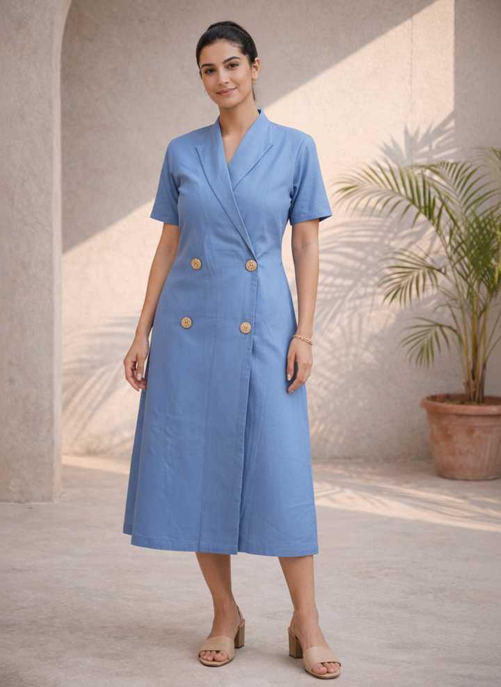 Mediterranean Blue Cotton Poplin Midi Dress (Workwear)