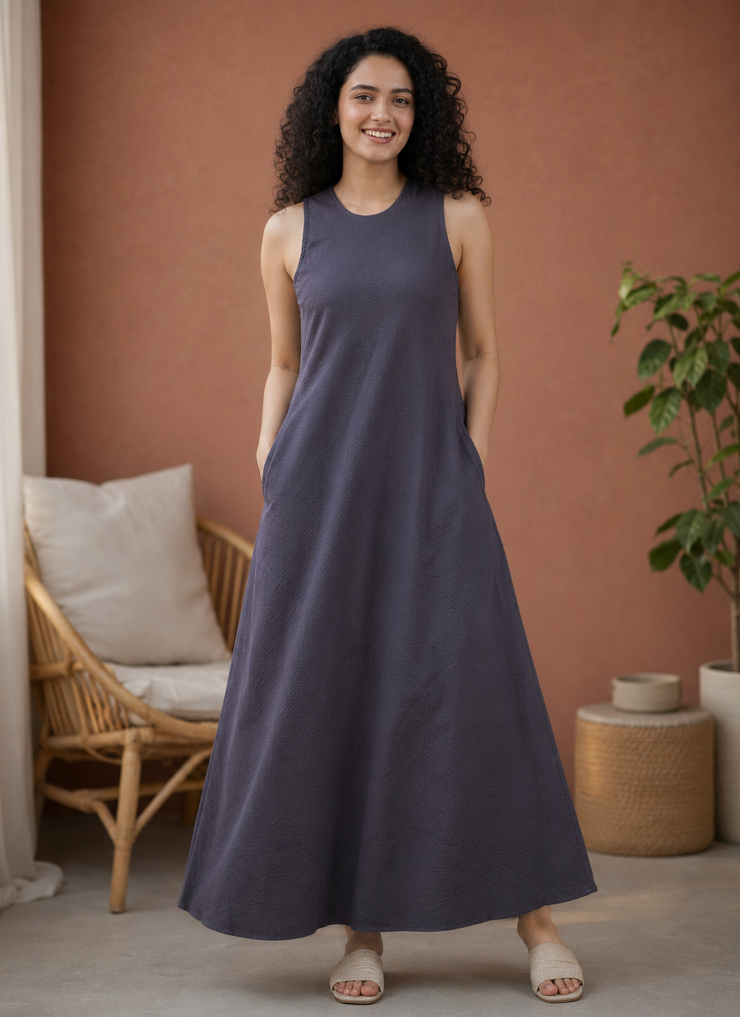 Slate Grey Organic Seersucker A-Line Maxi Dress