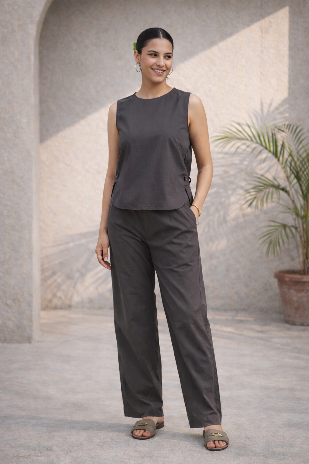 Ash Coffee Organic Cotton Poplin Side-Button Co-ord Set (Workwear)