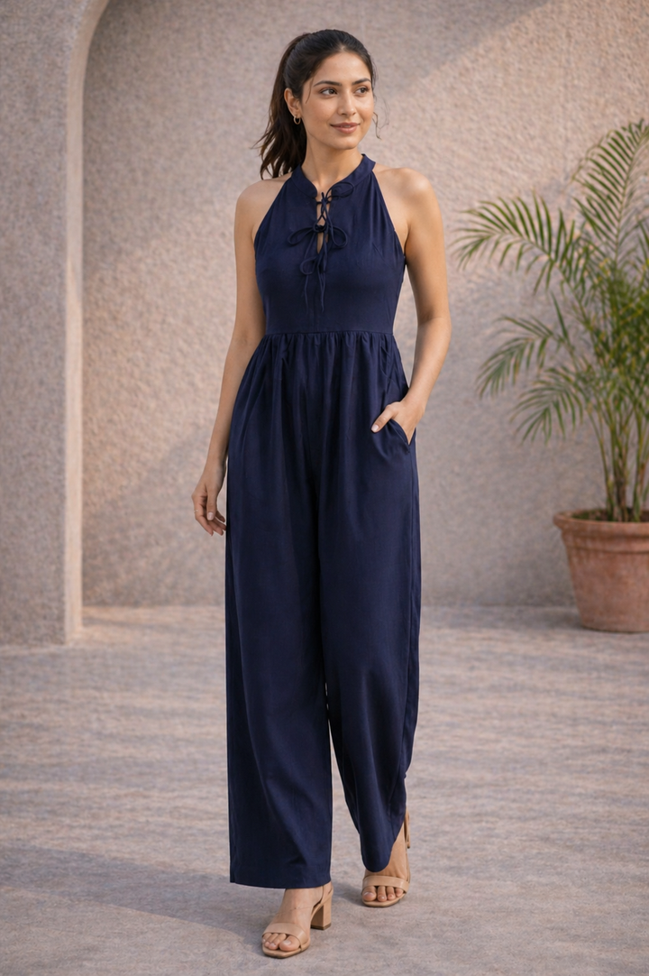 Navy Blue Solid Cotton Jumpsuit (Casual Summerwear)