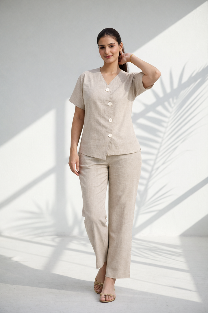 Beige Solid Hemp Relaxed Co-ord Set (Everyday Casual)