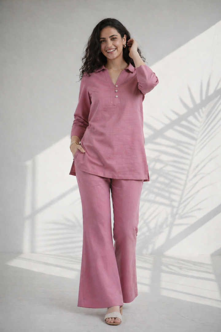 Mauve pink Solid Cotton Linen Co-ord Set (Workwear)