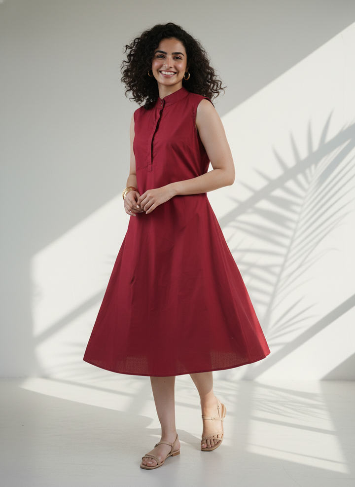Deep Red Organic Cotton Poplin Flare Dress