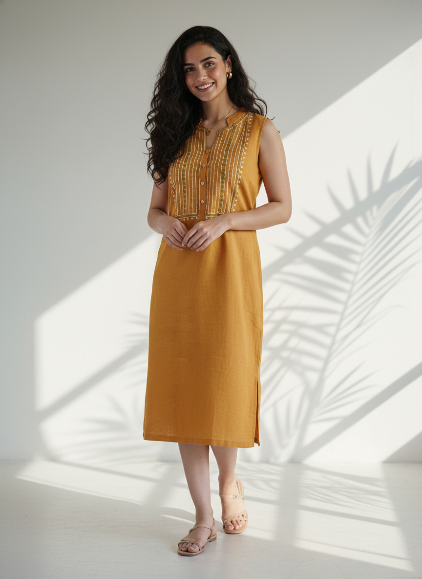 Mustard Cotton Linen Embroidered Straight Dress