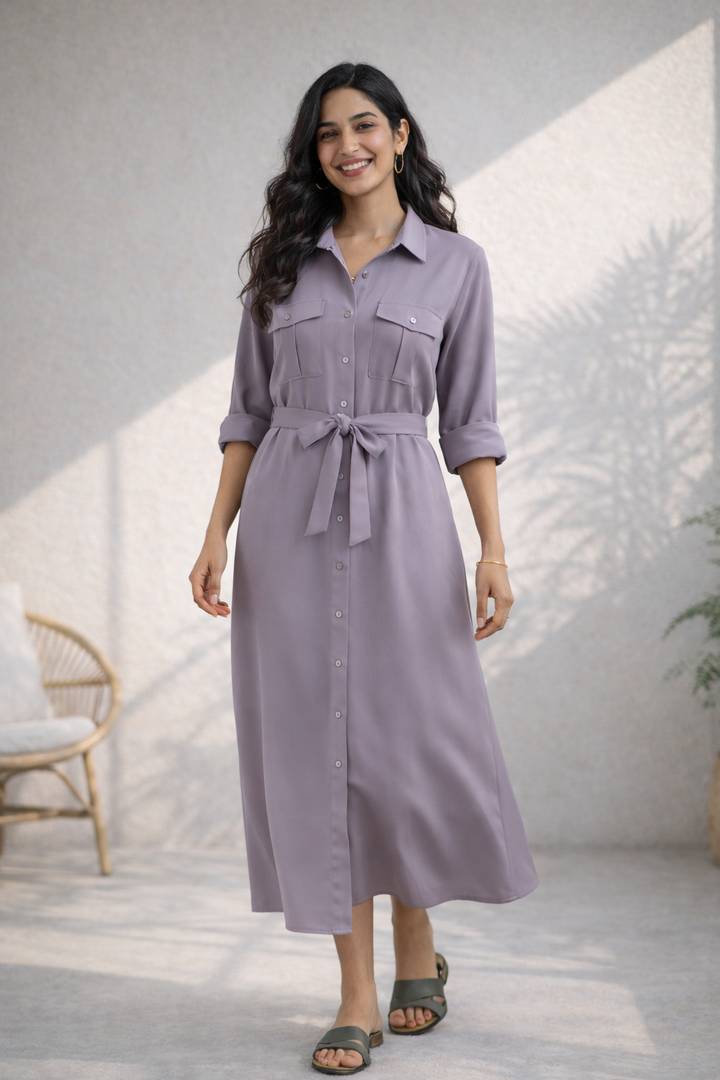 Lilac Grey Eco Vero Twill Shirt Midi Dress (Casual)