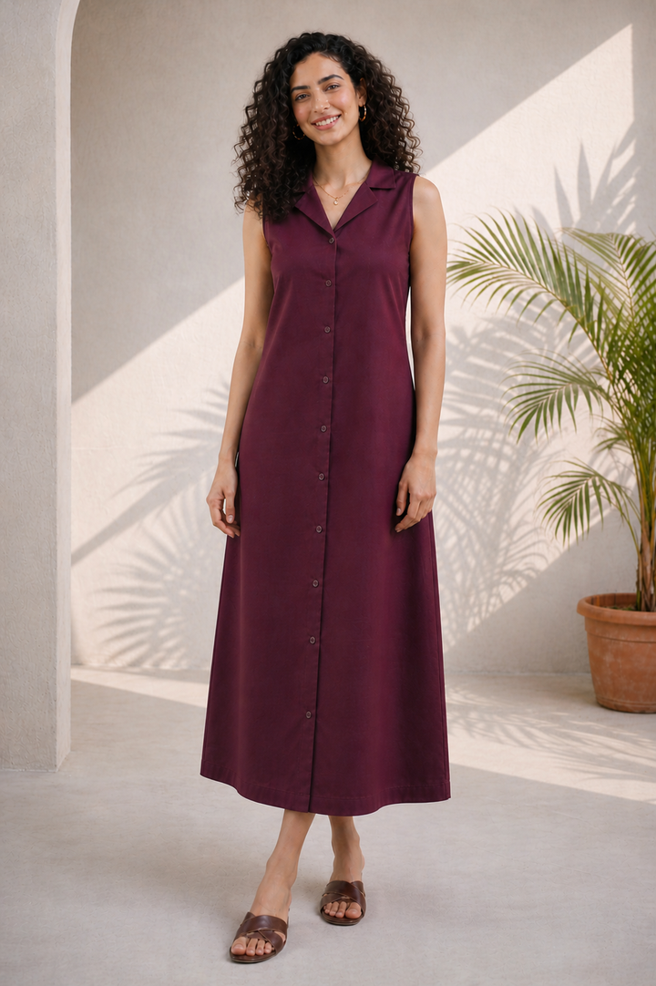 Wine Red Solid Cotton Poplin Flared Casual Maxi Dress