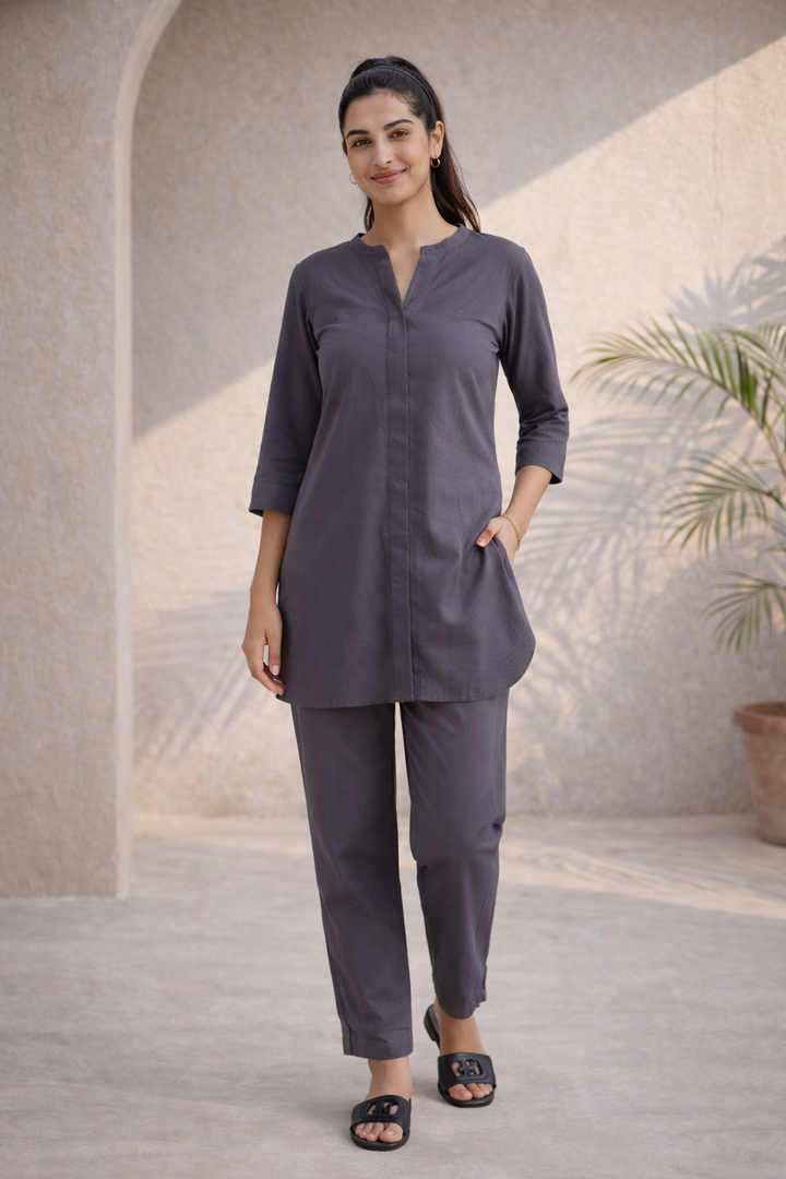Iron Grey Organic Cotton Seersucker Tunic Co-ord Set (Workwear)