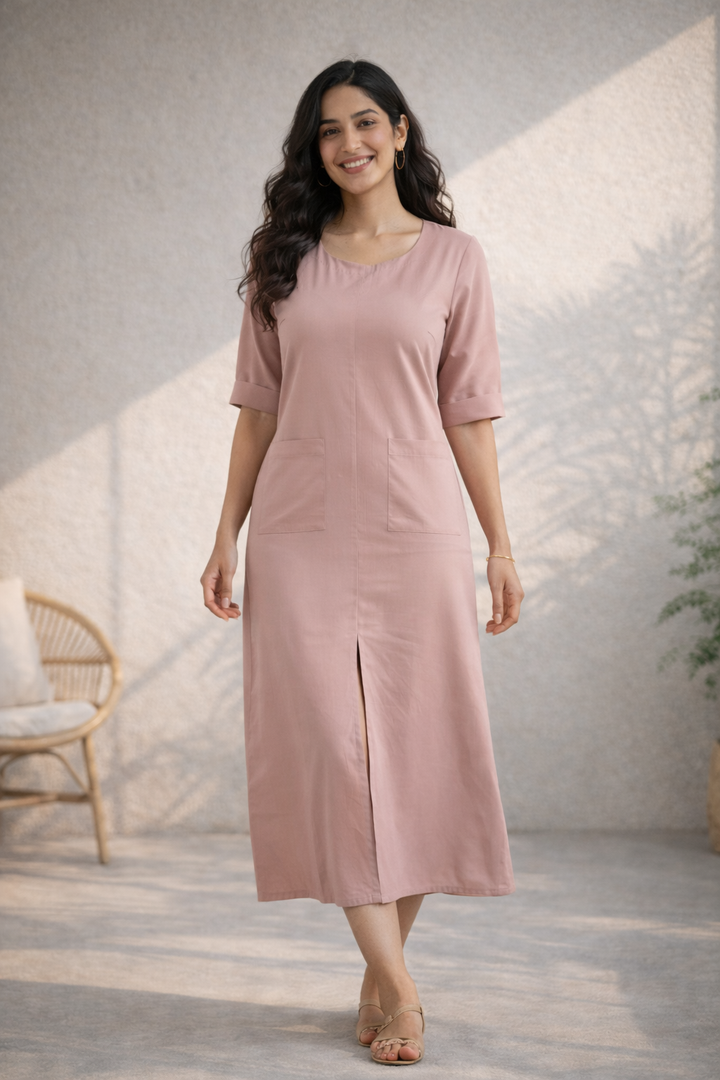 Rose Pink Cotton Midi Dress (Everyday Casual)