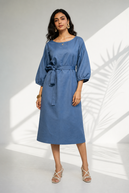 Dove Grey Cotton Linen Kimono Midi Dress (Brunch)