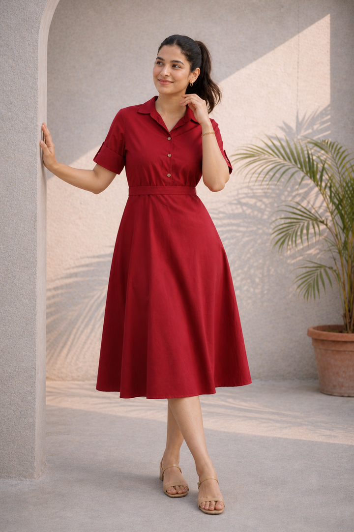 Red Cotton Button-Down Midi Dress (Casual)